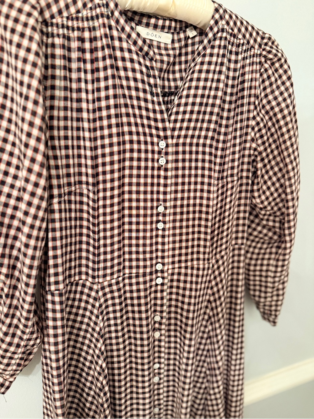 DÔEN Gingham Button Front Midi Dress Brown Cream Size L - Picture 5 of 9